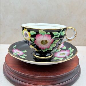 Vintage 1940s Black Adderley Cup and Saucer Hand Painted Fine Bone China England
